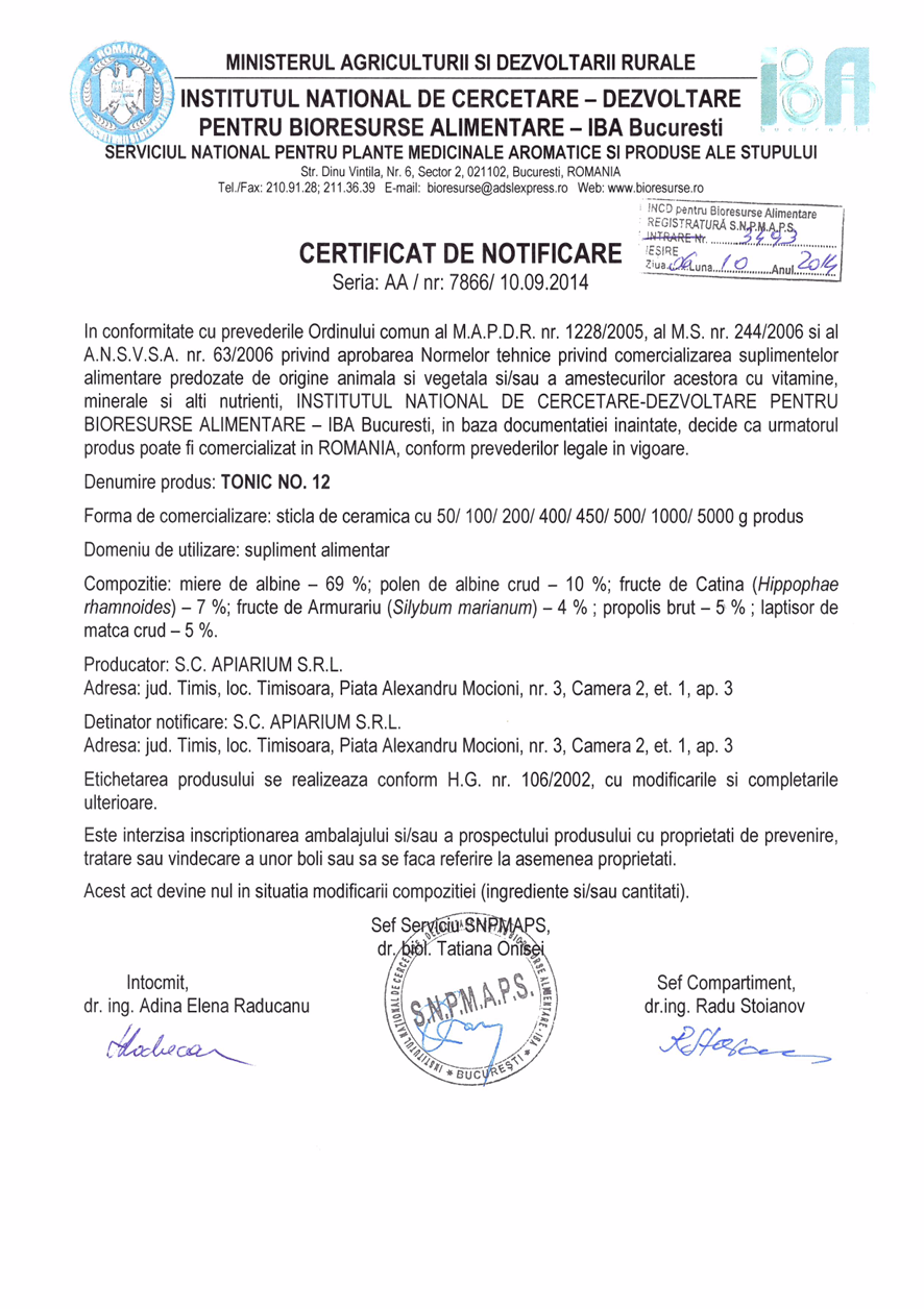 Certificat oficial de notificare pentru Tonic No. 12 Apiarium, emis de Institutul Național de Cercetare-Dezvoltare pentru Bioresurse Alimentare (IBA București), cu detalii despre compoziție, forma de comercializare și aprobarea produsului ca supliment alimentar.