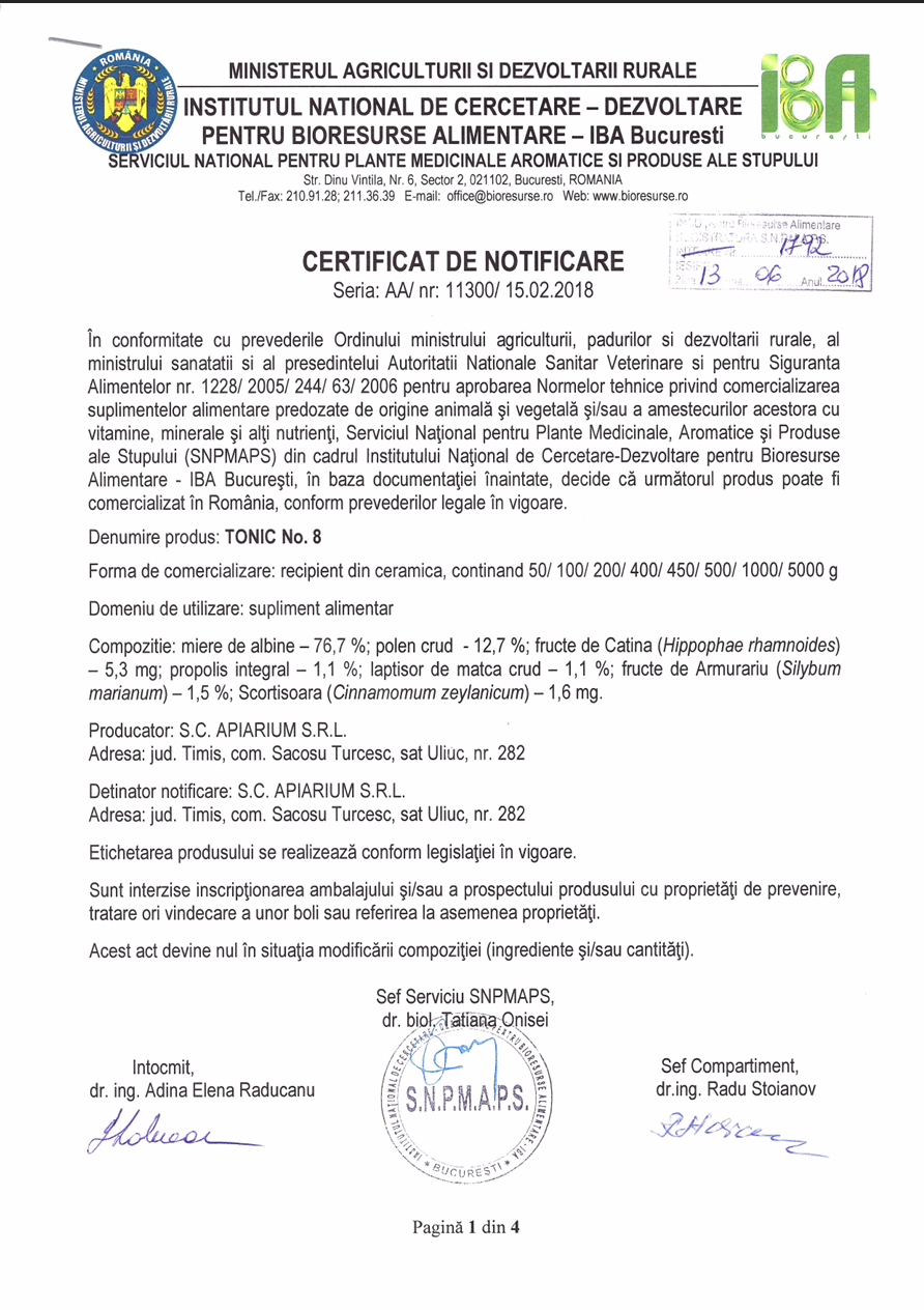 Certificat de notificare IBA București pentru Tonic No. 8 Apiarium, cu detalii despre compoziție, forma de comercializare și autorizarea produsului ca supliment alimentar.