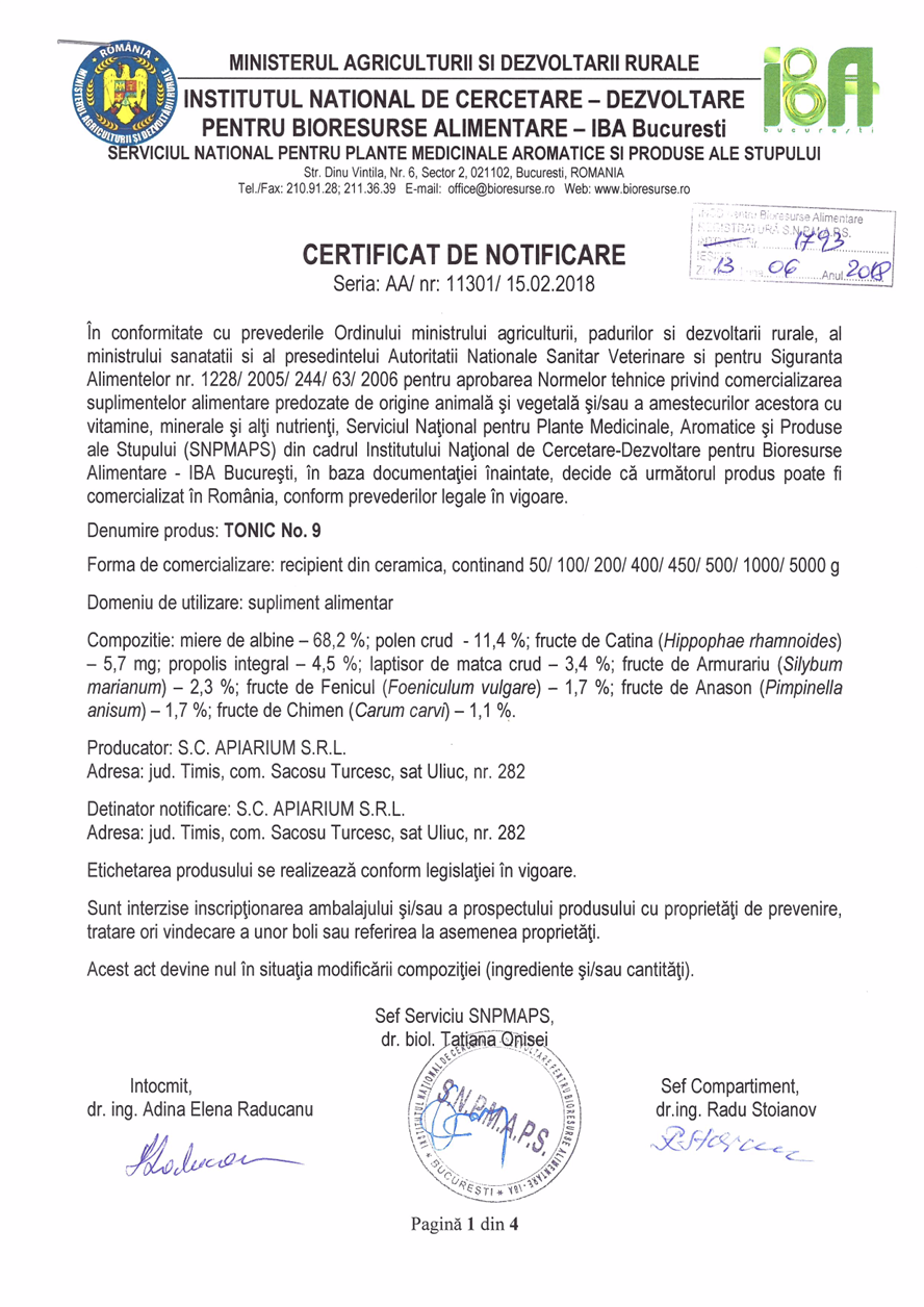 Certificat de notificare IBA București pentru Tonic No. 9 Apiarium, cu detalii despre compoziție, forma de comercializare și aprobarea ca supliment alimentar.