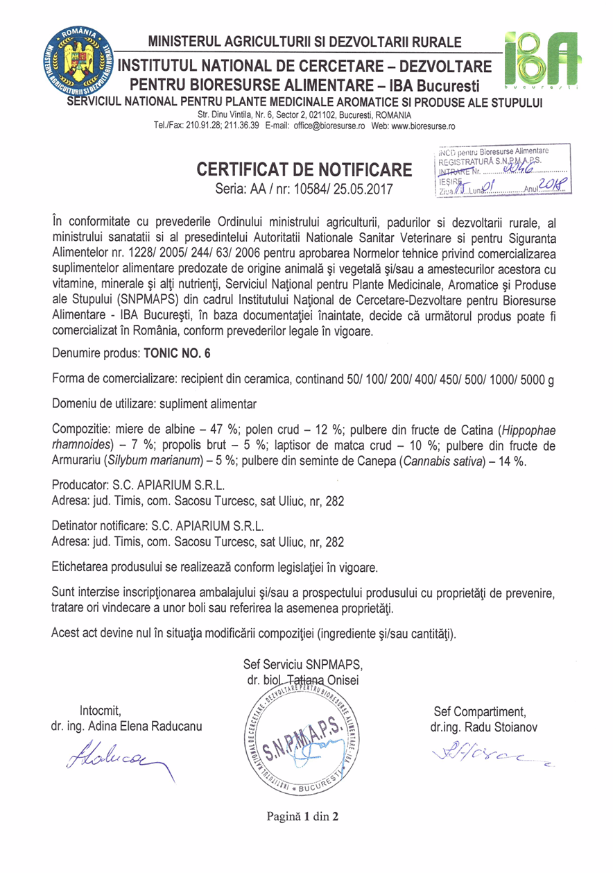 ChatGPT said: Tonic No. 6 Apiarium – certificat oficial de notificare emis de IBA București, cu detalii despre compoziția apicolă, forma de comercializare în recipient ceramic și aprobarea produsului ca supliment alimentar.