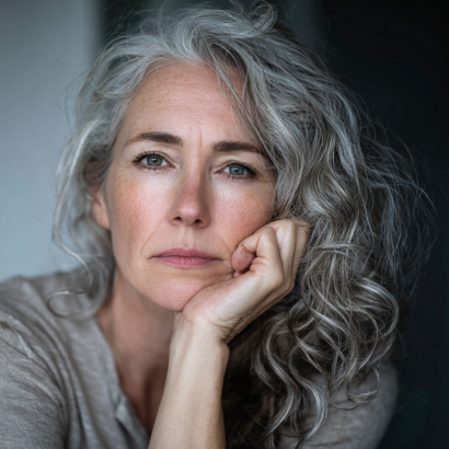 Portret femeie la menopauză, expresie calmă și asumată, simbol al maturității și transformării feminine naturale